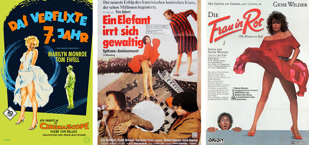 Filmplakate zu „Das verflixte 7. Jahr“, „Ein Elefant irrt sich gewaltig“ und „Die Frau in Rot“